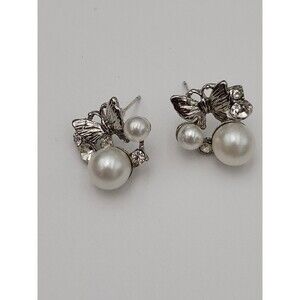 Delicate‎ Silver Tone Butterfly Earrings With Rhinestones & Faux Pearls